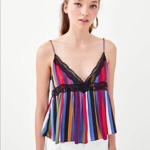 Zara Multicolor Rainbow Stripe Lace V-neck Spaghetti Strap Crop Cami Tank Top S